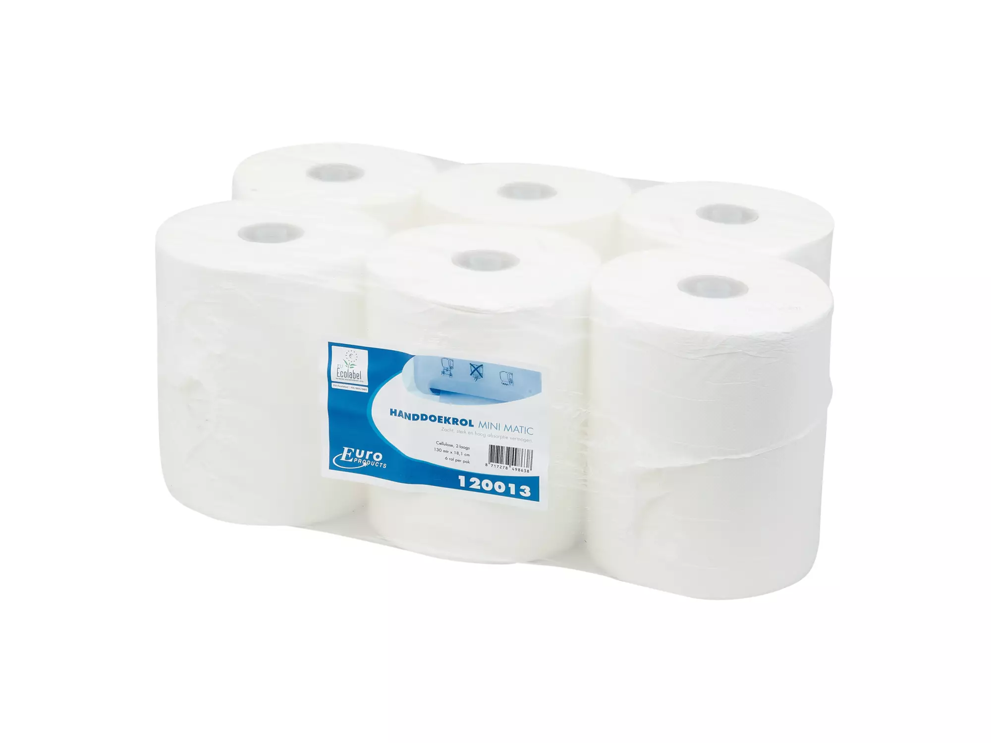 Handdoekrol mini matic cellulose wit 2-laags 130 meter 6 rol
